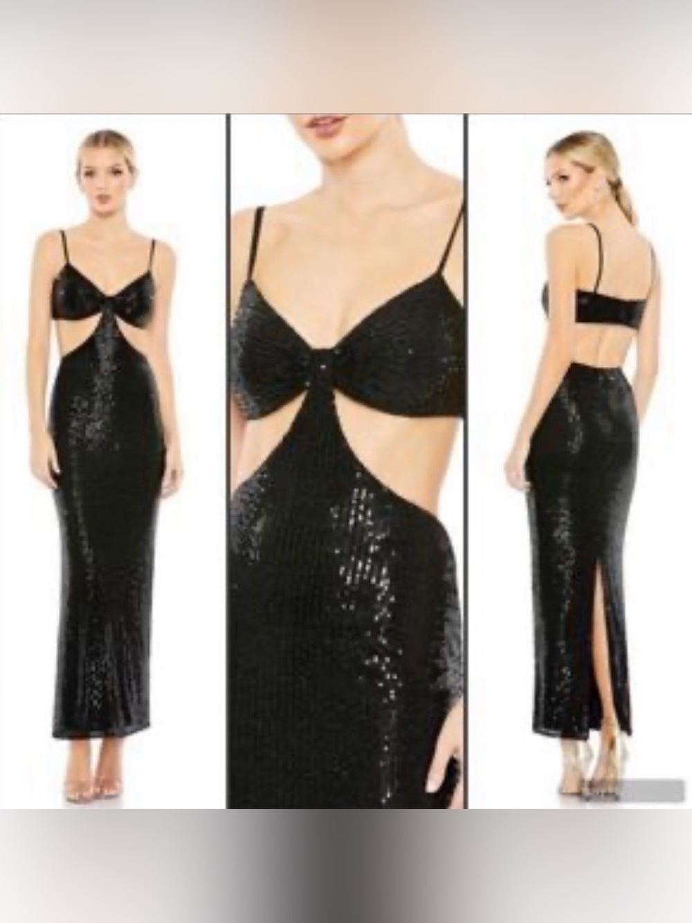 NWT IEENA FOR MAC DUGGAL SZ 4 BLACK fitted sequin gown with side/midriff #70130